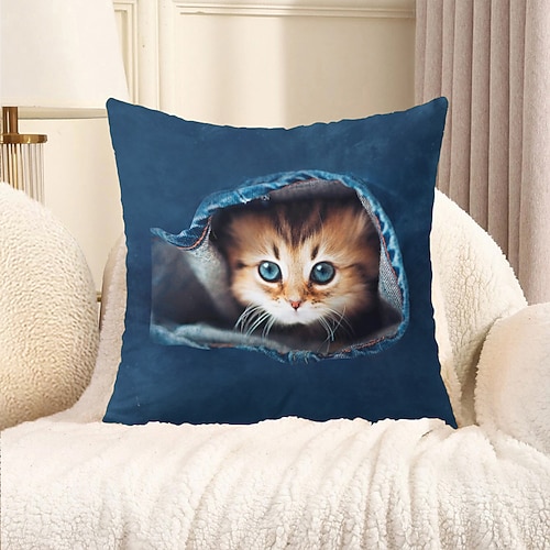 Dekorativer Kissenbezug mit niedlichem Kätzchen-Peekaboo-Grafik, 1 Stück, weicher, quadratischer Kissenbezug für Schlafzimmer, Wohnzimmer, Sofa, Couch, Stuhl Image