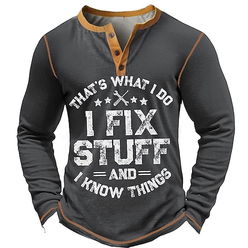 Herren Grafik Buchstabe I FIX STUFF Henley Hemd T-Shirt Langarm Vintage Mode Designer Lässig Täglich Outdoor Frühling Herbst Armee-Grün Dunkelgrau Marineblau Dunkelblau Henley Henley T-Shirt Image
