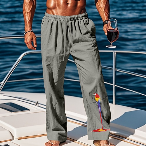 Herren Leinenhose Hose Hosen Sommerhosen Strandhose Kordelzug Elastische Taille Gerade geschnitten Glatt Komfort Atmungsaktiv In voller Länge Casual Täglich Festtage Urlaub Modisch Schwarz Weiß Image