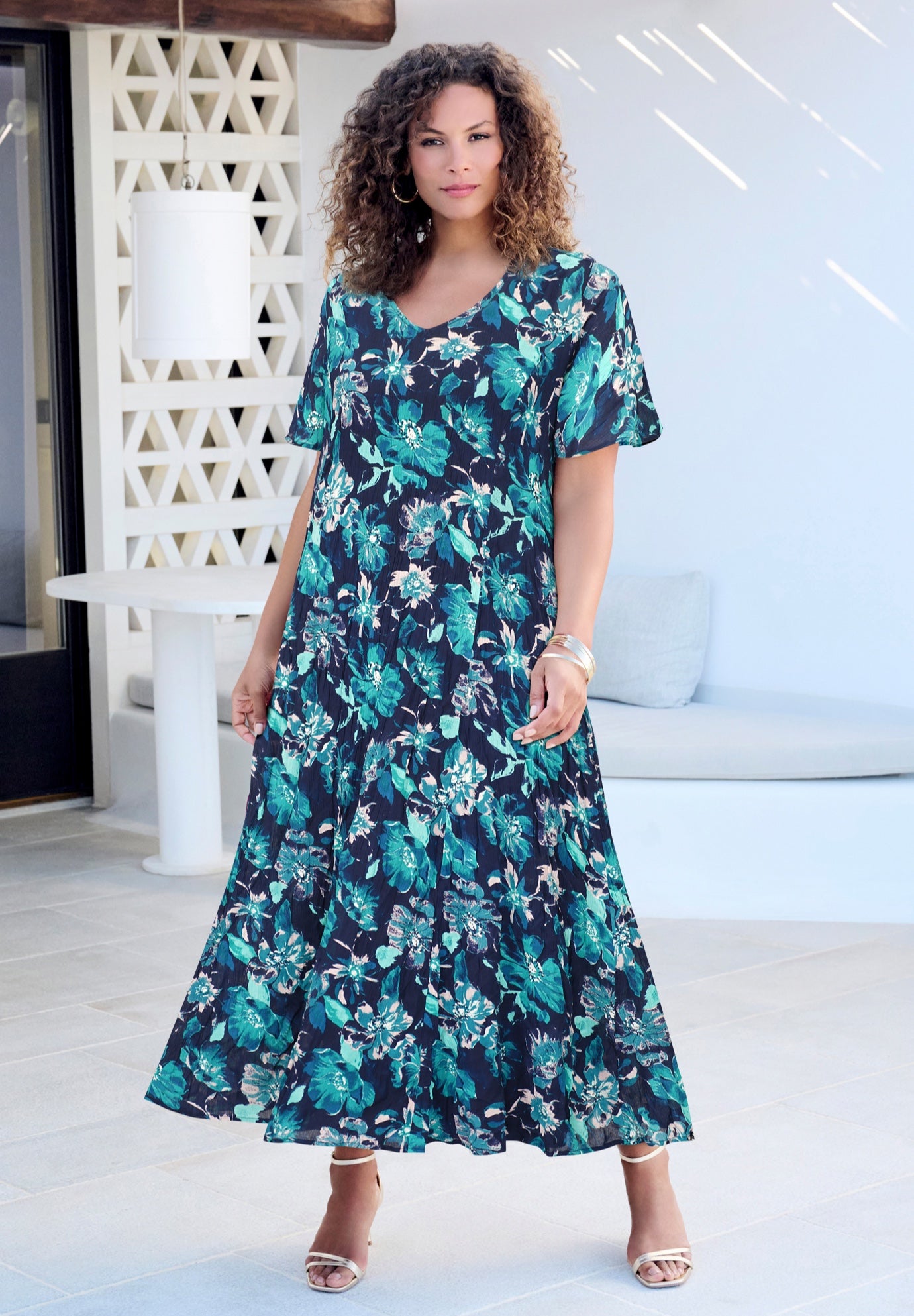 Plus Size Women's Plus Size Hand Crinkled Flutter-Sleeve Maxi Dress by Roaman's in Navy Painted Floral (Size 38/40)
