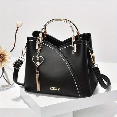 TEMU Stylish Korean Women's Handbag, Shoulder Crossbody Bag With Heart Charm Detail, Solid Color, Zipper Closure, Polyester Lined, Removable Strap, Everyday | Korean Fashion Trend | Zippered Purse Image