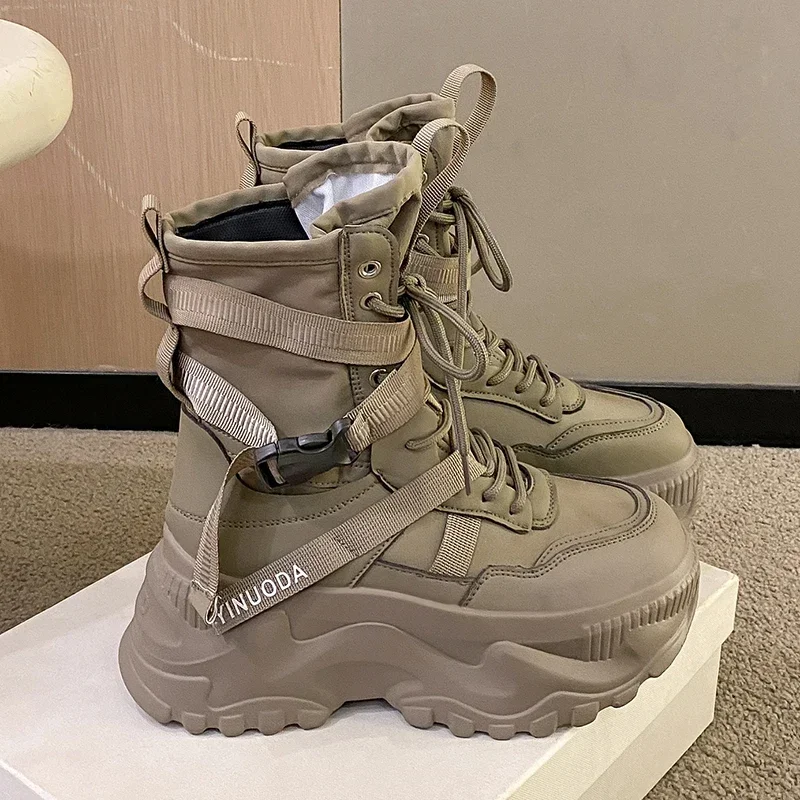 Heiße Mode Frauen Chunky Plattform Motorrad Stiefel Weiß Spitze Up Dicken Boden Schuhe Frau Herbst Winter Ankle Botas De Mujer Image