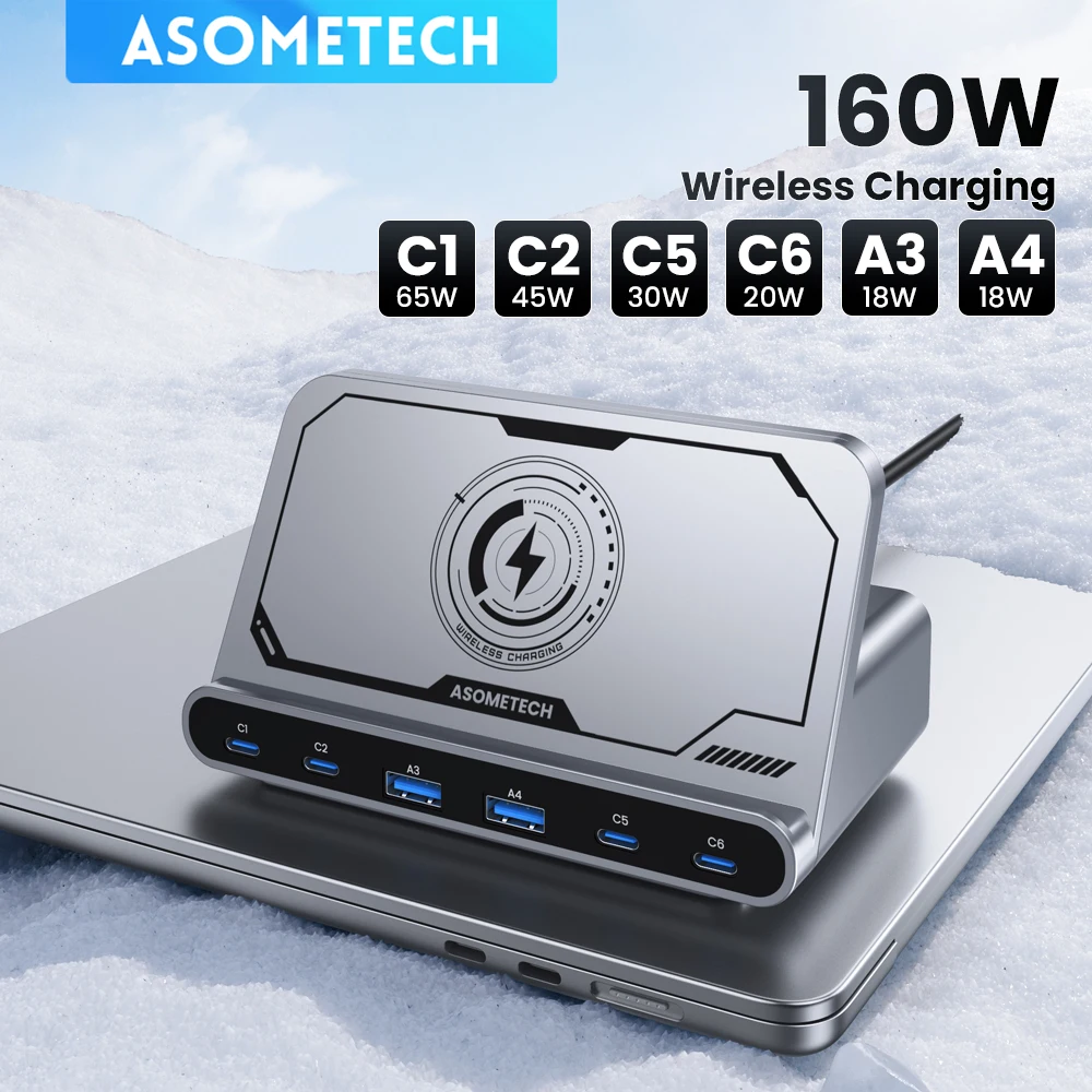 ASOMETECH 160 W USB-Ladestation 7-in-1 kabelloses Ladegerät 65 W 45 W PPS PD Typ C Schnellladung für MacBook iPad iPhone 16 Samsung Image