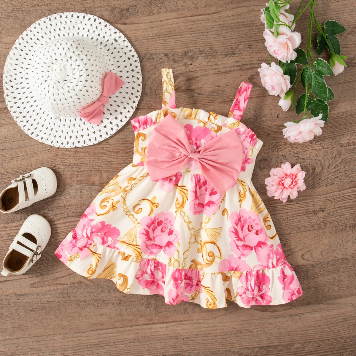 Sommer Baby Mädchen Kleid Nette Rose Print Träger Kleid für Kinder Mädchen Nette Schleife Strand Mädchen Kleid Baby Mädchen Kleidung Image