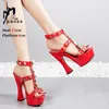 Rote Schnalle Riemen High Heels große dicke Bottem Frauen Schuhe Metall Niet Party Sandalen 14cm Chunk Heeled Club Sommerschuhe