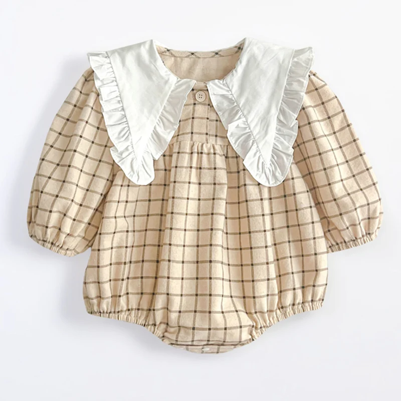 Neugeborenen Baby Mädchen Strampler Grid Solide Langarm Baumwolle Strampler Großen Kragen Kinder Baby Overall Overall Baby Kleidung ﻿ Image