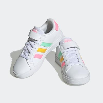 Klettschuh ADIDAS SPORTSWEAR "GRAND COURT COURT ELASTIC LACE AND TOP STRAP", Gr. 36, weiß (cloud weiß, pulse mint, beam pink), Synthetik, Textil, sportlich, Schuhe, Design auf den Spuren des adidas Superstar Image