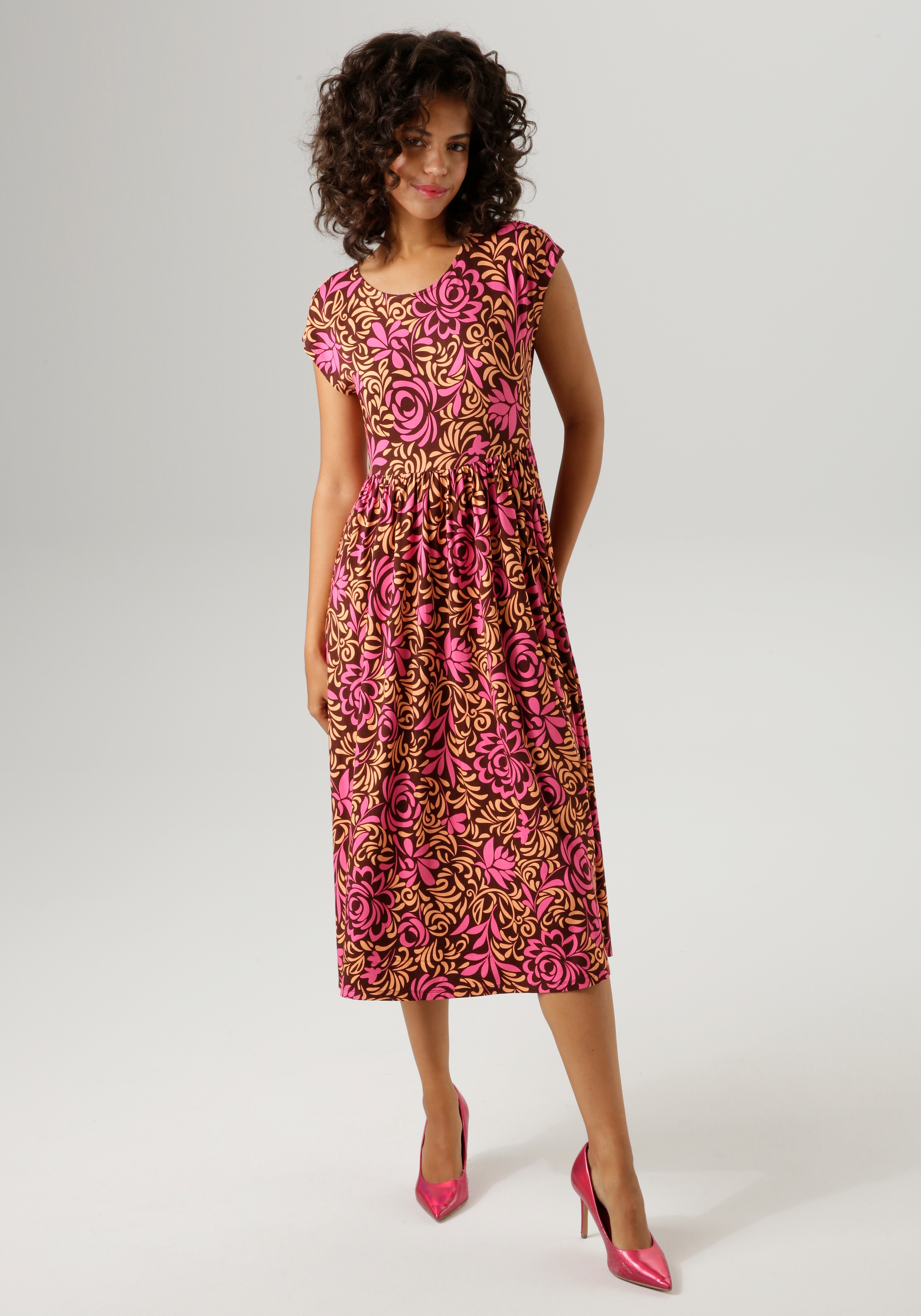 Sommerkleid ANISTON CASUAL, Damen, Gr. 36, N-Gr, bunt (dunkelbraun, beige, pink), Single Jersey, Obermaterial: 95% Viskose, 5% Elasthan, bedruckt, geblümt, figurumspielend wadenlang, Rundhals, Kleider Sommerkleid, mit farbharmonischem, grafischen...
