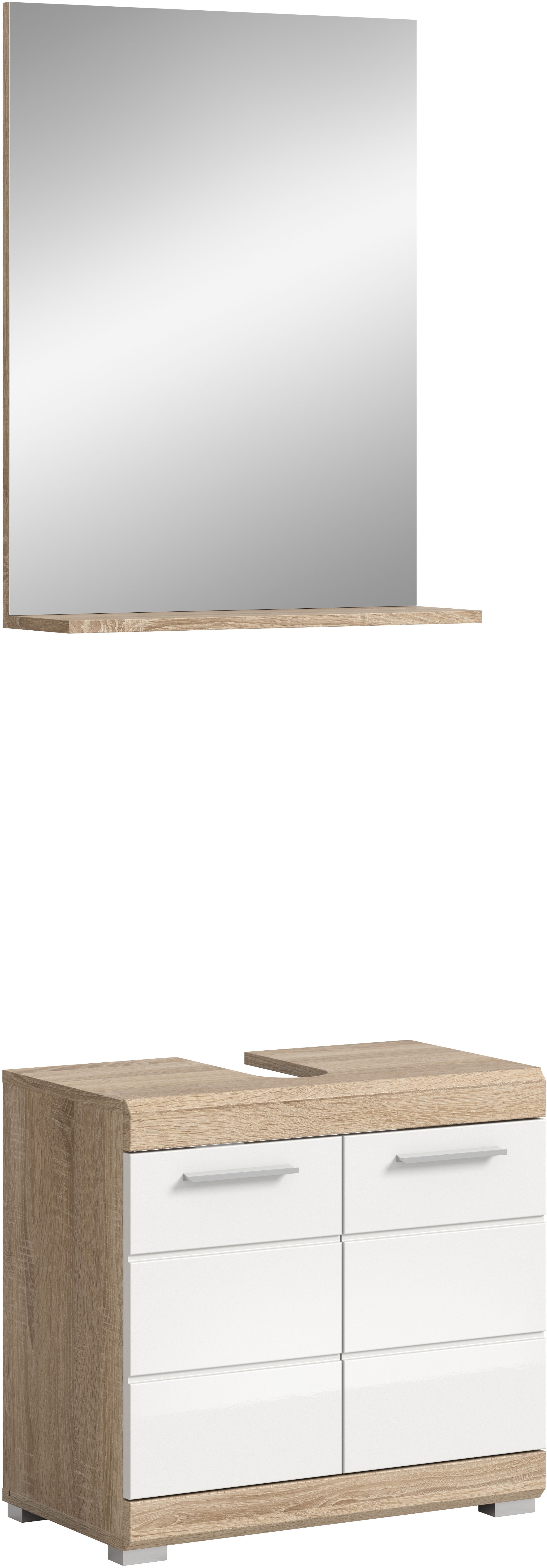 Badmöbel-Set INOSIGN "Siena, 2 teilig, bestehend aus: Waschbeckenunterschrank, Spiegel", weiß (eiche sonoma hell nb, weiß hochglanz mdf tz), B:60cm H:191cm T:34cm, Holzwerkstoff, MDF, Kastenmöbel-Sets, in verschiedenen Farben erhältlich, Badmöbel,... Image