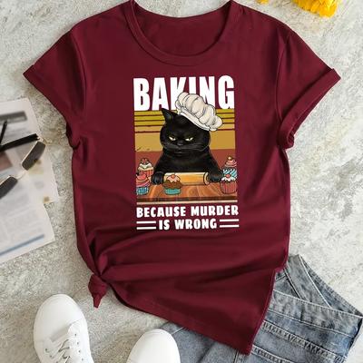 TEMU Women's Casual Crew Neck T-shirt, Polyester With Spandex, Medium Stretch Knit Fabric, Short Sleeve, Regular Fit, With Black Cat Baking Graphic, For Summer Tee Image