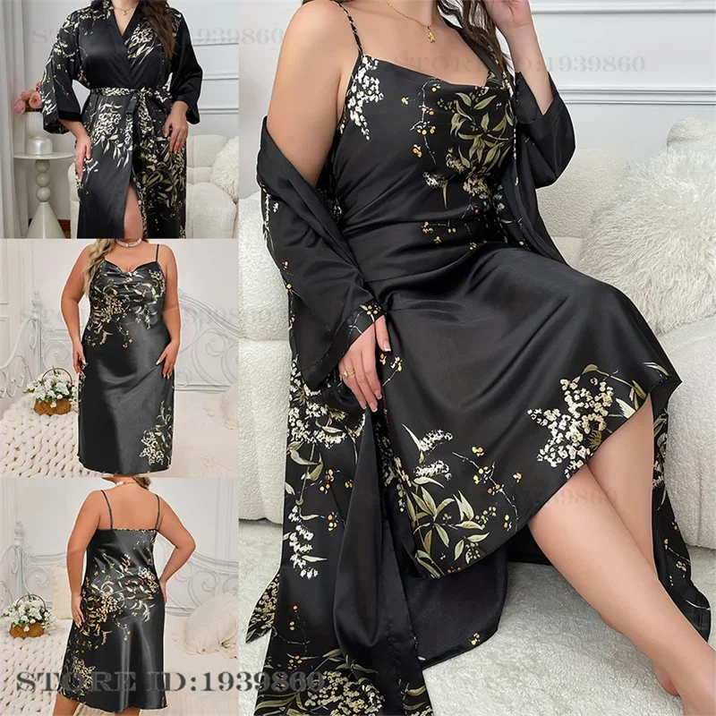 Große Größe Weibliche 2Pcs Robe Set Nachthemd Druck Kirsche Lange Kimono Bademantel Kleid Nachtwäsche Sexy Nachthemd Homewear 3XL 4XL 5XL Image