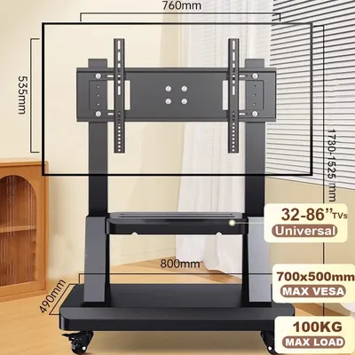 Mobiler TV-Ständer für 32–86-Zoll-Fernseher, neigbarer TV-Wagen, bietet Platz für bis zu 220 Pfund. Tragbarer Ständer mit Ablagefläche, rollender Boden, VESA 700 x 500 mm