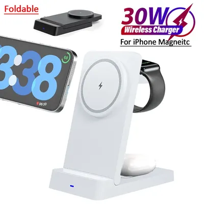 3-in-1 magnetisches kabelloses Ladegerät, faltbare Schnellladestation für Magsafe iPhone 16 15 14 13 12 Pro iWatch 1-9 Airpods Pro Image