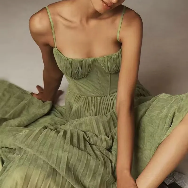 Neue Frühling Sommer Solide Plissee Kleider Frauen Sexy Liebsten Hohl A-Line Langes Kleid Casual Ärmelloses Backless Zip Sling Kleid