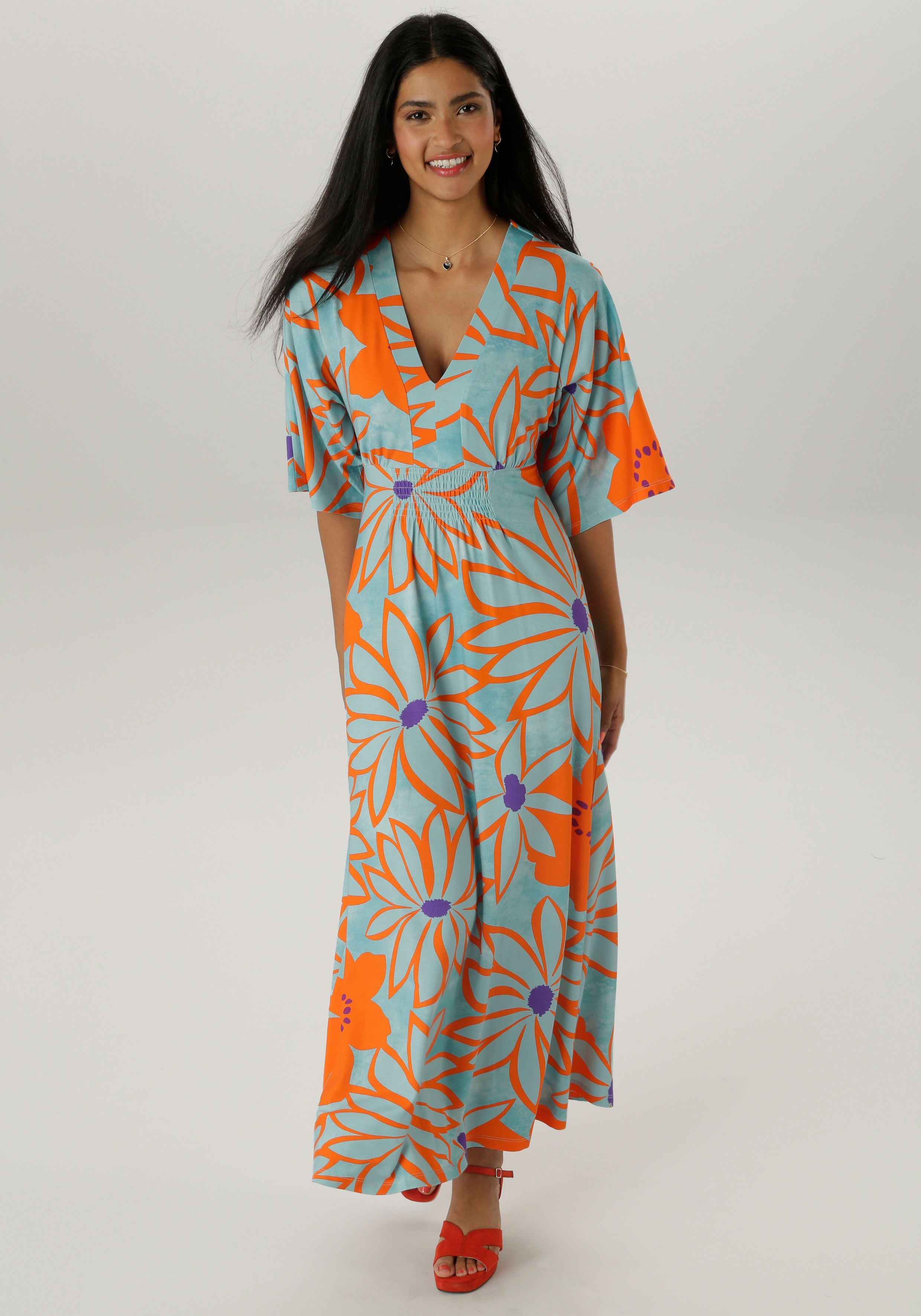 Maxikleid ANISTON SELECTED, Damen, Gr. 48, N-Gr, bunt (hellbau, orange, lila), Single Jersey, Obermaterial: 95% Viskose, 5% Elasthan, bedruckt, geblümt, gemustert, lässig geschnitten lang, V-Ausschnitt, weit, Kleider Maxikleid, mit weiten,...