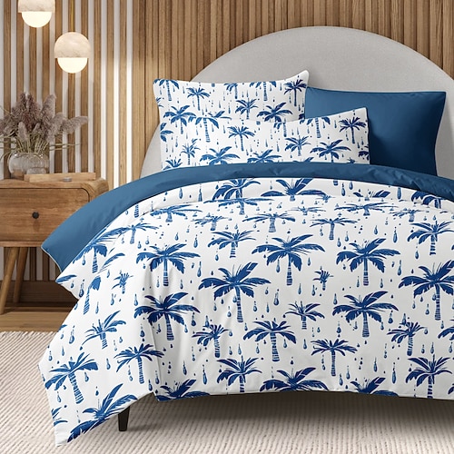 Bettbezug-Set mit tropischem Sonnenuntergang und Palmenmotiv, weiche Mikrofaser-Bettwäsche, farbecht, inkl. Bettbezug und Kissenbezügen, tropisches Strandmotiv, maschinenwaschbar, Queen-, King- und Twin-Größen Image