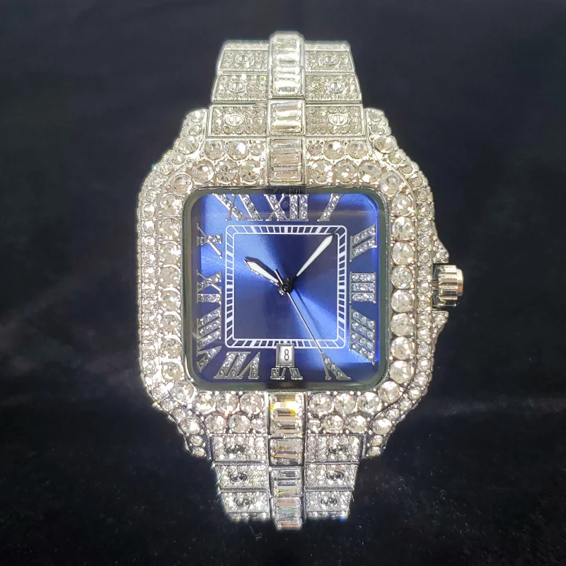 Luxus Diamant Uhr Männer Hip Hop Bling Iced Out Quarz Uhren Mode Blaues Zifferblatt Silber Shiny Party Schmuck Uhren Dropshipping