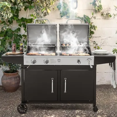 Charcoal Grill Combo, Dual Fuel BBQ Grill with 2 Side Shelves for Outdoor Patio Garden Backyard