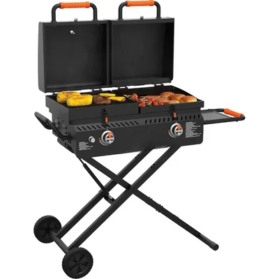 Grill Griddle Combo with Wheels, Legs Hood & Side Shelf - Heavy Duty Flat Top Portable BBQ Griddle