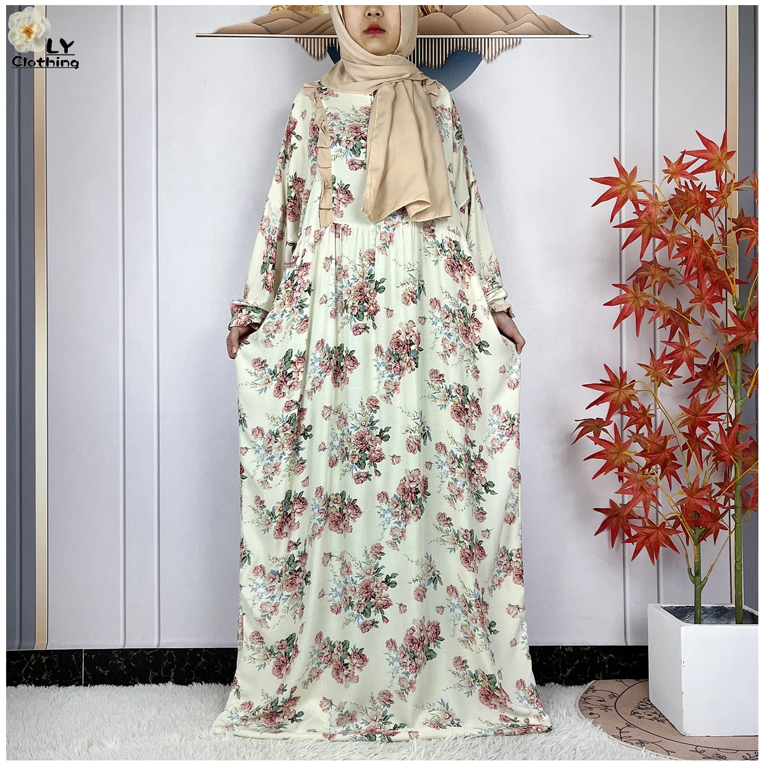 Neue Muslimische Lange Ärmel Abaya Für Frauen Ramadan Gebet Kleidungsstück Dubai Türkei Femme Robe Baumwolle Lose Afrikanischen Kleid Turban Joint Image