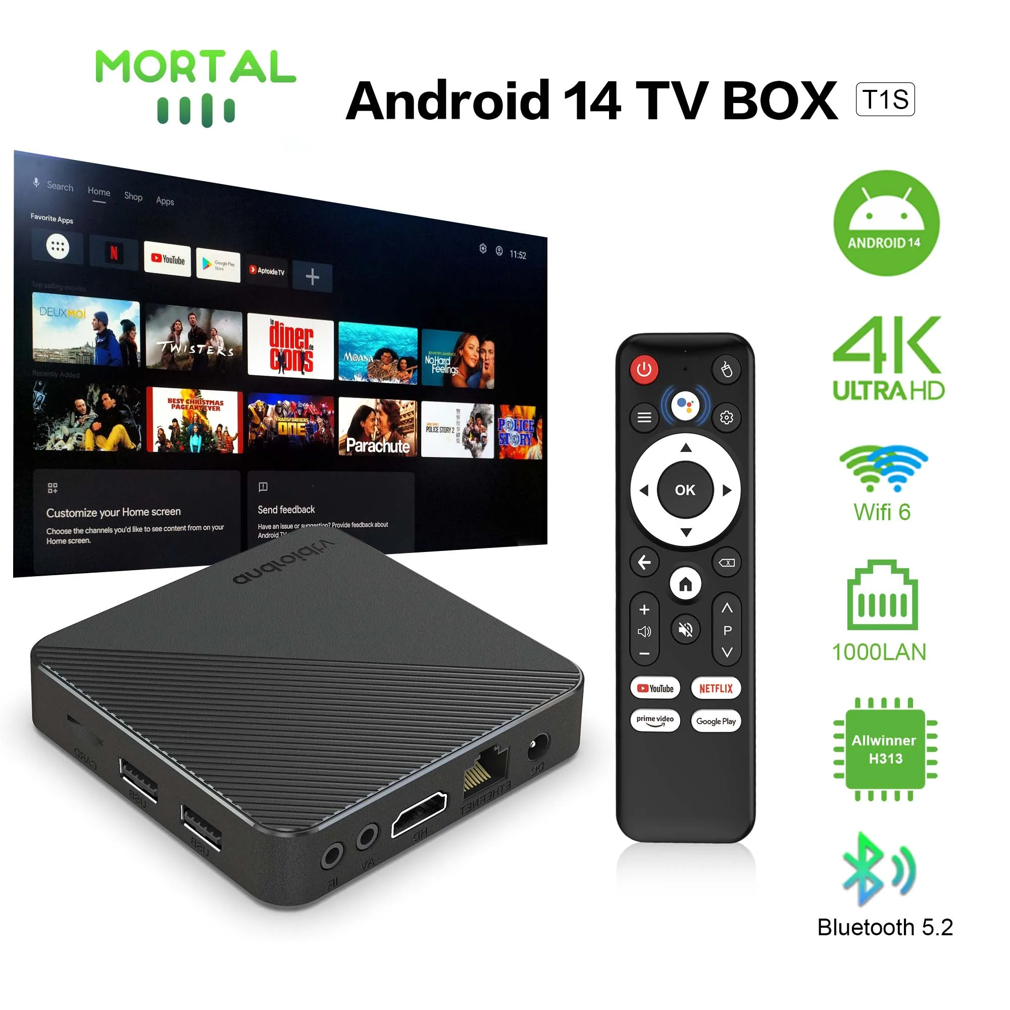 Android14 Smart Heimkino-TV-Box T1S AllwinnerH313 Chip Quad Core Wifi6 1000M Lan Bluetooth Chromecast Streaming Media Player Image