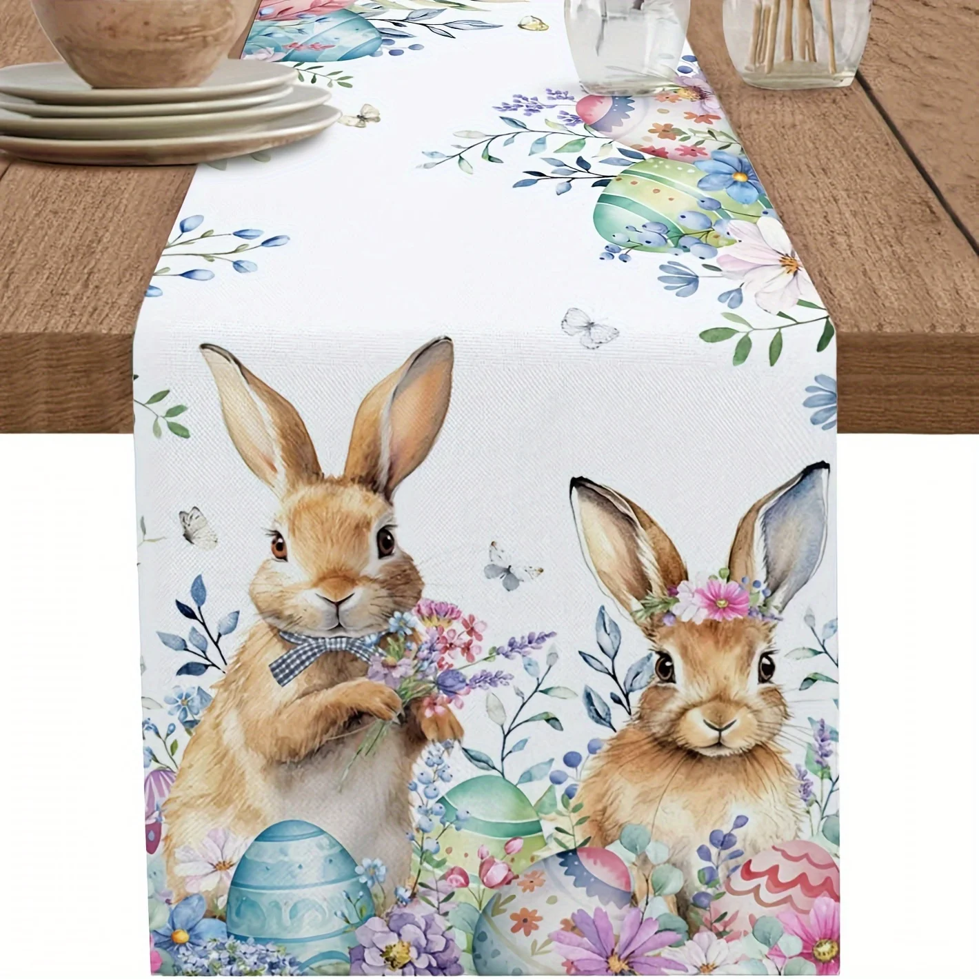 Ostern Kaninchen Eier Hase Leinen Tischläufer Kommode Schal Frühling Blumen Ostern Tischläufer Urlaub Küche Party Tischdekoration Image
