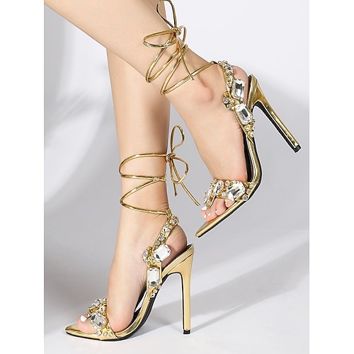 Grüne Metallic-Schnürsandalen mit Stilettoabsatz und Strassverzierung für Damen – glamouröse Sandalen für Cocktailpartys und den Abend Image