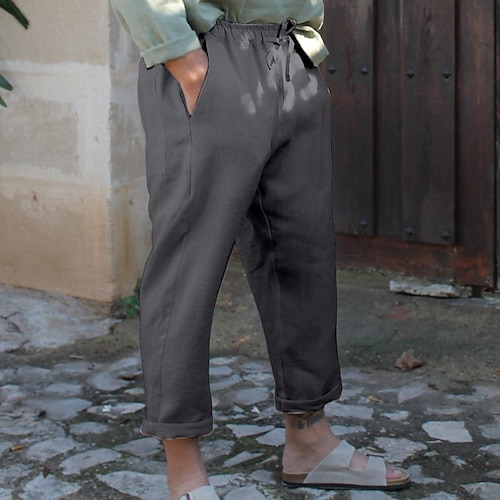 Herren Leinenhosen Hose Sommerhose Kordelzug Elastischer Bund Einfach Komfort Atmungsaktiv Lässig Täglich Ferien Mode Klassicher Stil Schwarz Weiß Image