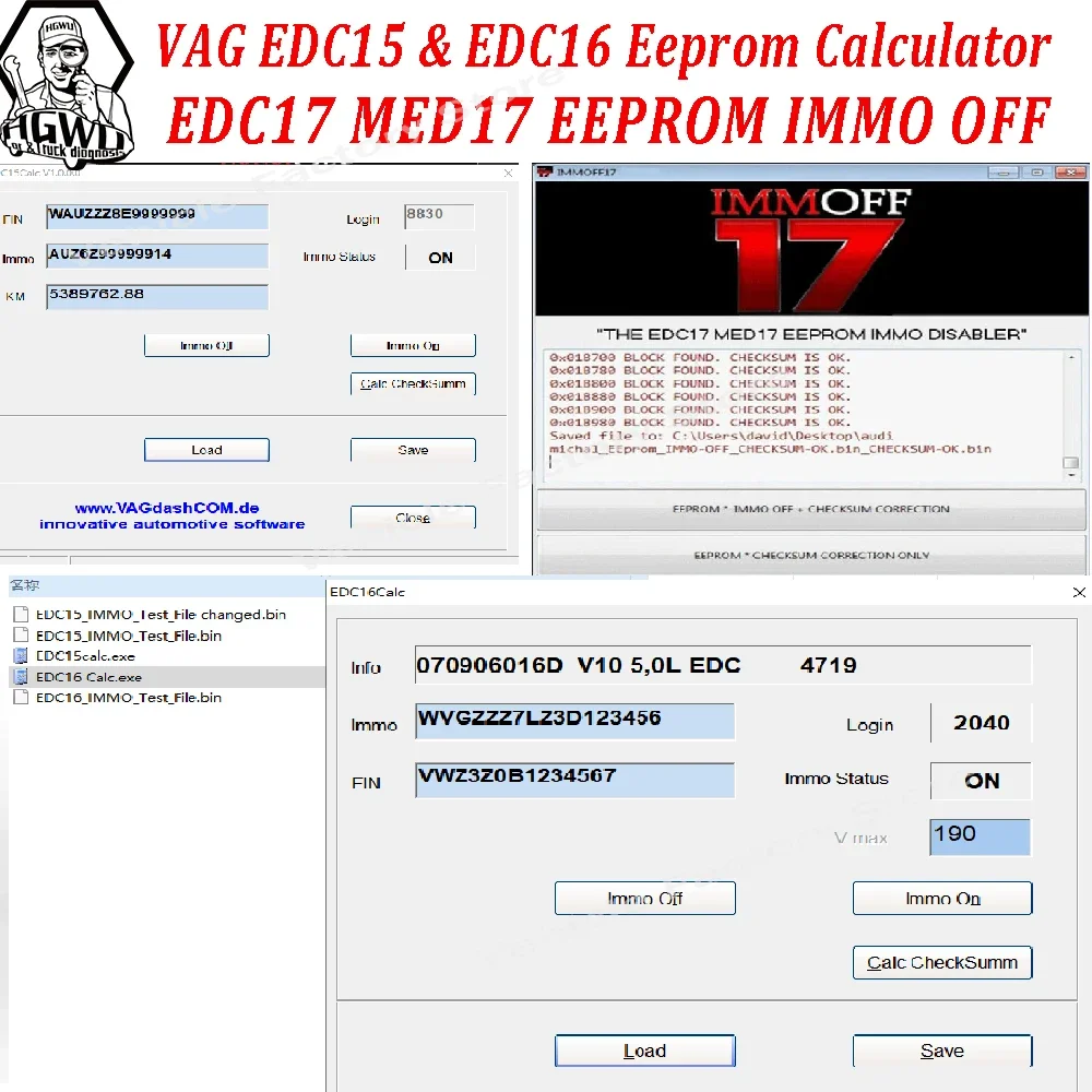 Software 3-in-1 VAG EDC15 & EDC16 Eeprom Rechner / Immo / Vin / Kilometerstand / Pin und EDC17 MED17 IMMO Off in Eeprom oder Flash Image