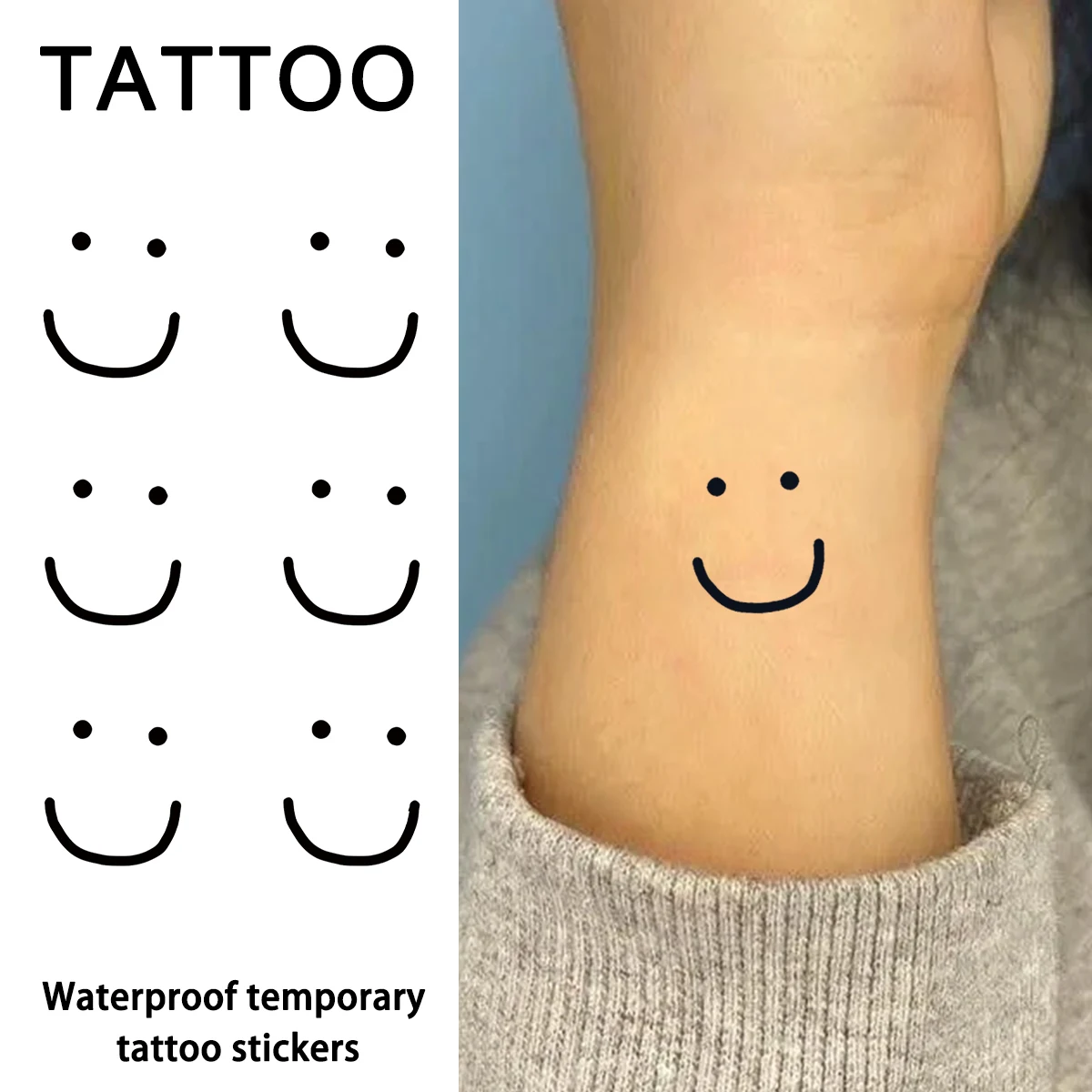 1 Stück temporärer Tattoo-Aufkleber mit Lächeln-Gesicht, langlebig und wasserdicht, realistische Fake-Tattoos für Männer und Frauen, für Arm, Bein. Image