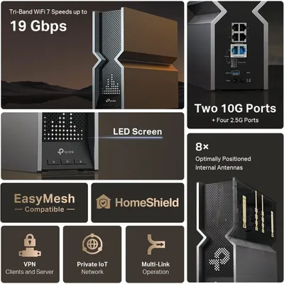 Tri-Band BE19000 WiFi 7 Router (Archer BE800) | 12-Stream 19 Gbps | 2 × 10G + 4 × 2.5G Ports LED