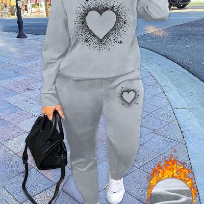 TEMU Women's Casual Two-piece Set, Polyester 100% Heart Pattern Knit Sweatshirt And Pants, Crew Neck Outfit Image