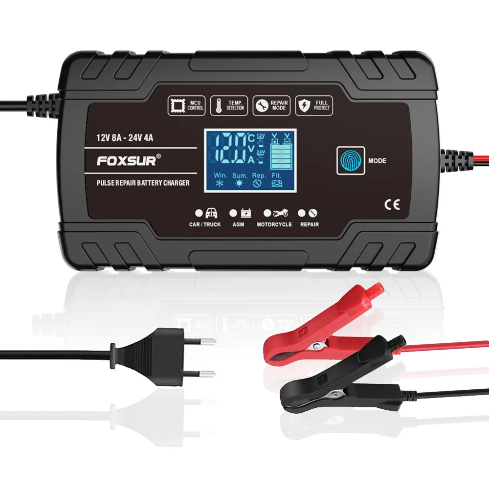 FOXSUR 12V 24V 8A Automatisches Batterieladegerät Digitalanzeige Pulsreparatur LCD-Display Intelligentes Autoladegerät GEL Blei-Säure-NASS-Batterie Image