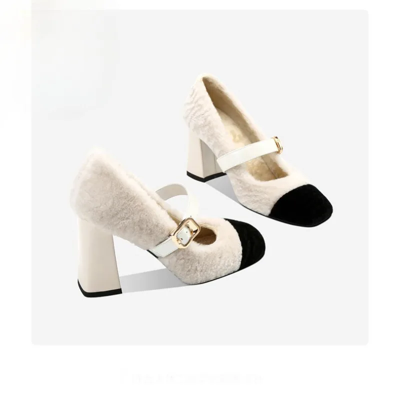 2022 Frühlingspumps Mary Jane High Heels kleiner Duft leichter Schnitt dicker Absatz alles plus Kaschmir-Feenhaar-Damenschuhe