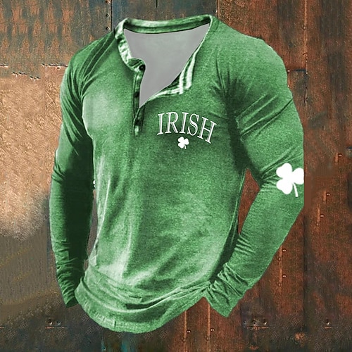 St. Patrick St. Paddys Kleeblatt Herrenmode Freizeit 3D Druck T-Shirt Tee Henley-Shirt Urlaub Ausgehen St. Patrick T-Shirt Grün Langarm Henley-Shirt Frühling Herbst Bekleidung Image