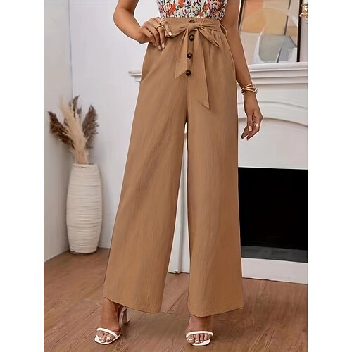 Damen Kunstbaumwollleinen Weites Bein Chinos Klassicher Stil Volle Länge Hohe Taille Einfach Elastischer Bund Bequem Weich Mikroelastisch Outdoor Straße Schwarz Khaki Sommer Herbst Normale Passform Image
