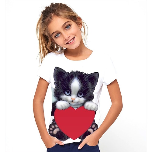 Mädchen 3D Tier Katze T-Shirt Kurzarm 3D-Druck Kuschelig Basic Polyester kinderkleidung Image