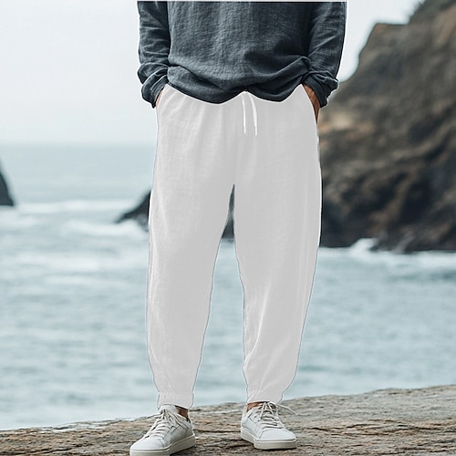 Herren Leinenhosen Hose Sommerhose Elastischer Bund Gerader Schnitt Hohe Taille Einfarbig Komfort Atmungsaktiv Volle Länge Hochzeit Ferien Urlaub Mode Schwarz Weiß Hohe Taille Unelastisch Image