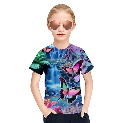 Kinder Mädchen T-Shirt T-Shirt Kurzarm Schmetterling Katze Pferd Farbblock 3D-Tierdruck Seeblau Marineblau Kinder-Oberteile Basic Streetwear niedlich Image