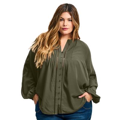 Plus Size Women's Gabby Embroidered Pintuck Shirt by Avenue in Olive (Size 22/24)