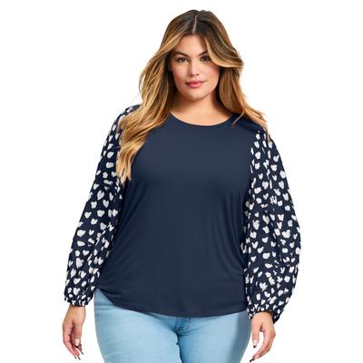 Plus Size Women's Mix Media Heart Sleeve Top by Avenue in Navy (Size 22/24)