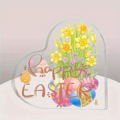 TEMU 1pc Acrylic Easter Sign Decor, Spring Pastoral Design With Rabbit, Colored Eggs, Tulips & Bamboo Basket, No Electricity Needed, Tabletop Ornament For Home & Party Decoration Image