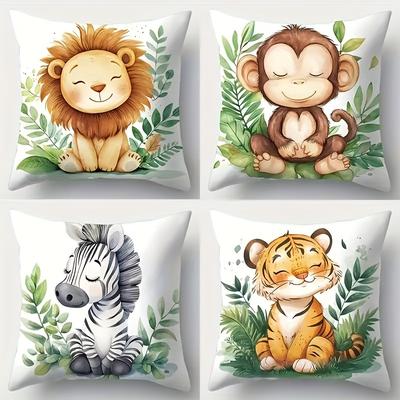 TEMU Modern 4pcs Animal Pattern Cushion Covers - Tiger, Lion, Zebra Designs, Hand Washable, Zippered Closure, Polyester, 18x18 Inches, Suitable For Living Room Decor, Pillow Inserts Not Included Image