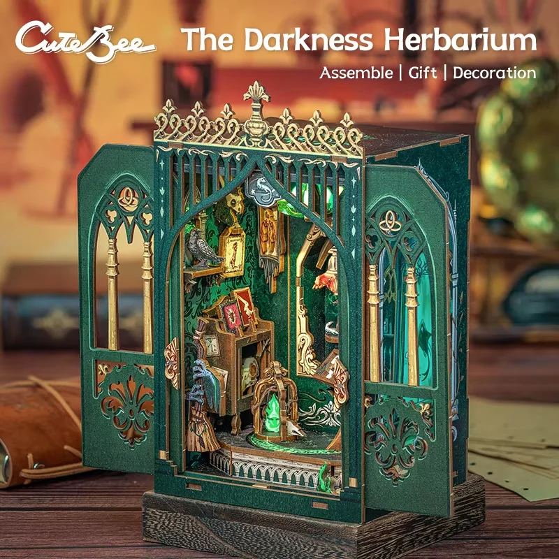 CUTEBEE Buchecke DIY Mini-Puppenhaus mit leichtem Bücherregal aus Holz. Einfügen Sie die Dunkelheit, Herbarium-Bücherecke, Dekor als Geschenk, 3D-Puzzle