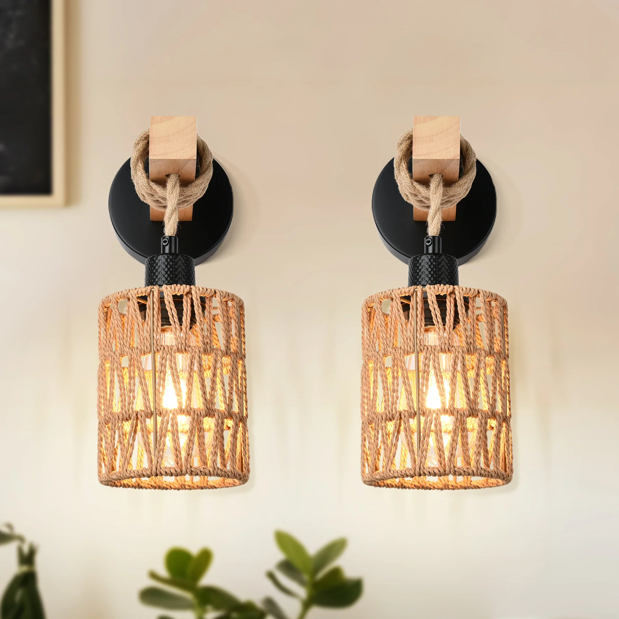 Easy Install Rattan Wall Sconces Wall Lights with Dimmable Boho Wall Mount Light Fixtures Wicker Wall lamp for Bedroom Nursery