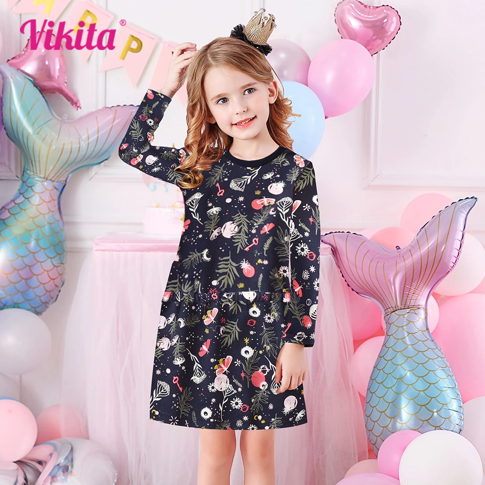 Vikita Kinder Blumen druck Kleid Mädchen Langarm Herbst Frühling eine Linie Kleider Mädchen Baumwolle lässig Schule täglich Kleid Kinder Kleidung Image
