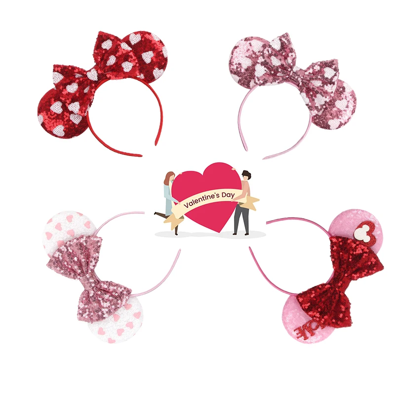 Neue Valentinstag Maus Ohren Stirnband Für Mädchen Frauen Pailletten Liebe 5 "Bogen Haarbänder Festival Party DIY Haar zubehör Femmes Image