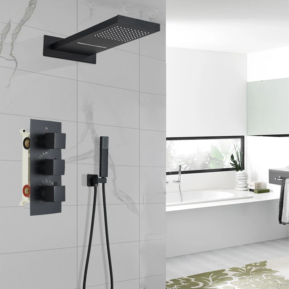 Schwarz Badezimmer Wasserhahn Regen Wasserfall Dusche Wasserhahn Eingebettete Dusche Dusche System Set Chuveiro