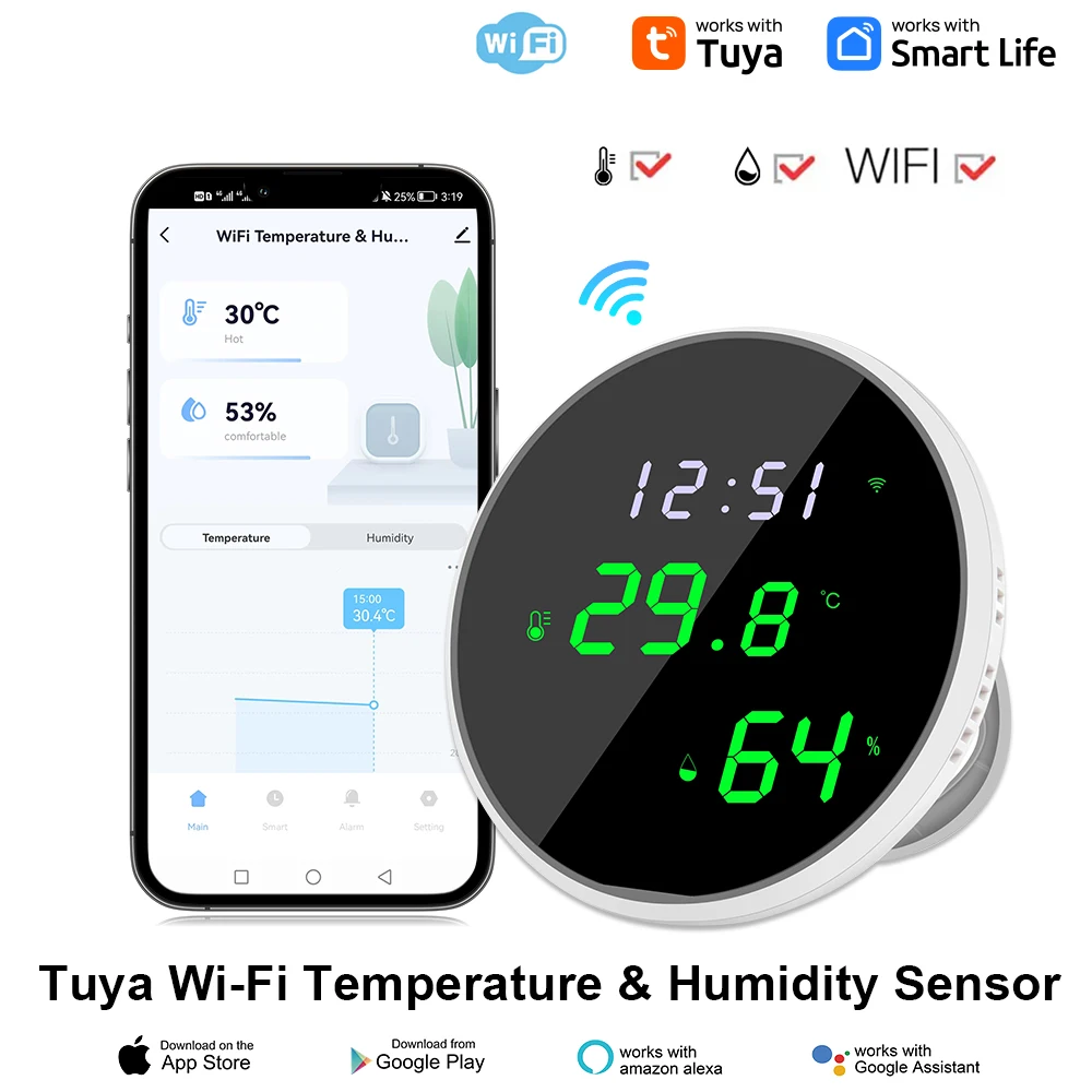 Tuya WiFi Temperatur Feuchtigkeit Sensor Smart Indoor Hygrometer Thermometer Mit Led-anzeige Hintergrundbeleuchtung Unterstützung Google Home Alexa Image