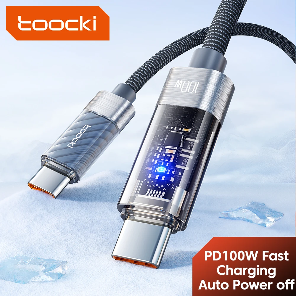 Toocki PD 100 W USB-Kabel mit automatischer Abschaltung, 5 A, schnelles Aufladen, transparentes Typ-C-zu-Typ-C-Kabel für iPhone 15 16 Xiaomi Samsung S23 Image